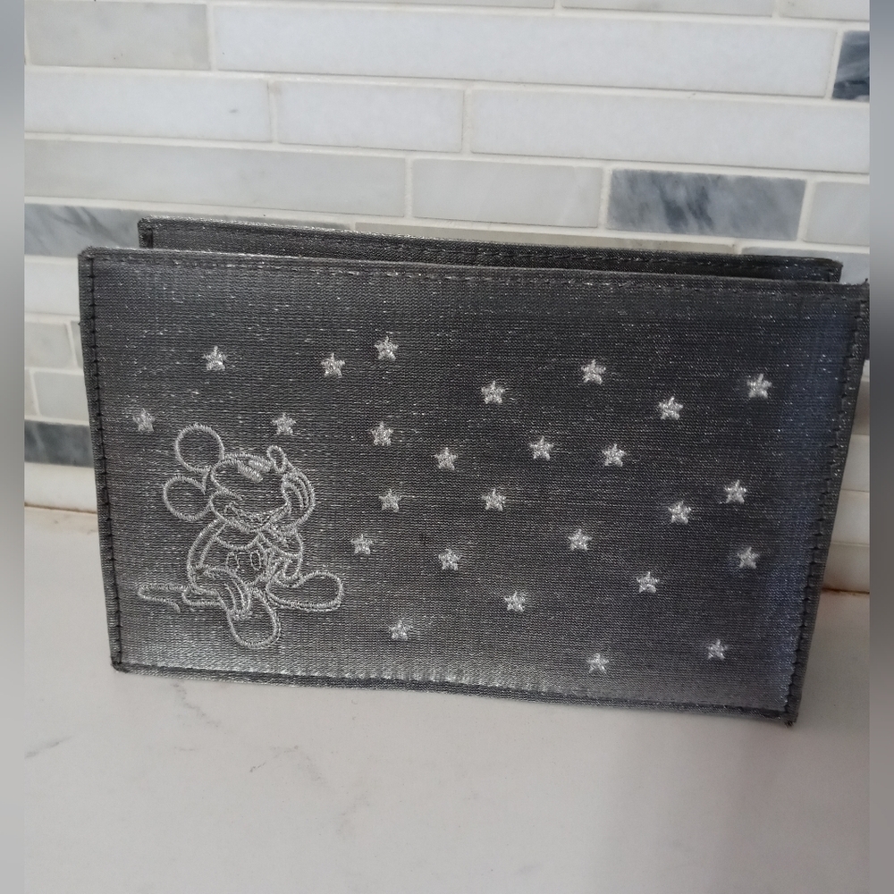 Disney Stores Embroidered Mickey Star gazing Gray Zip up Clutch